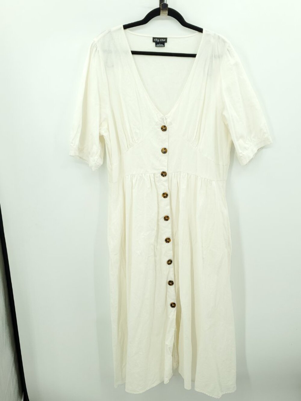 City Chic Sunset Stroll Cotton/Linen Button Front Midi Dress L/20 Cream/White